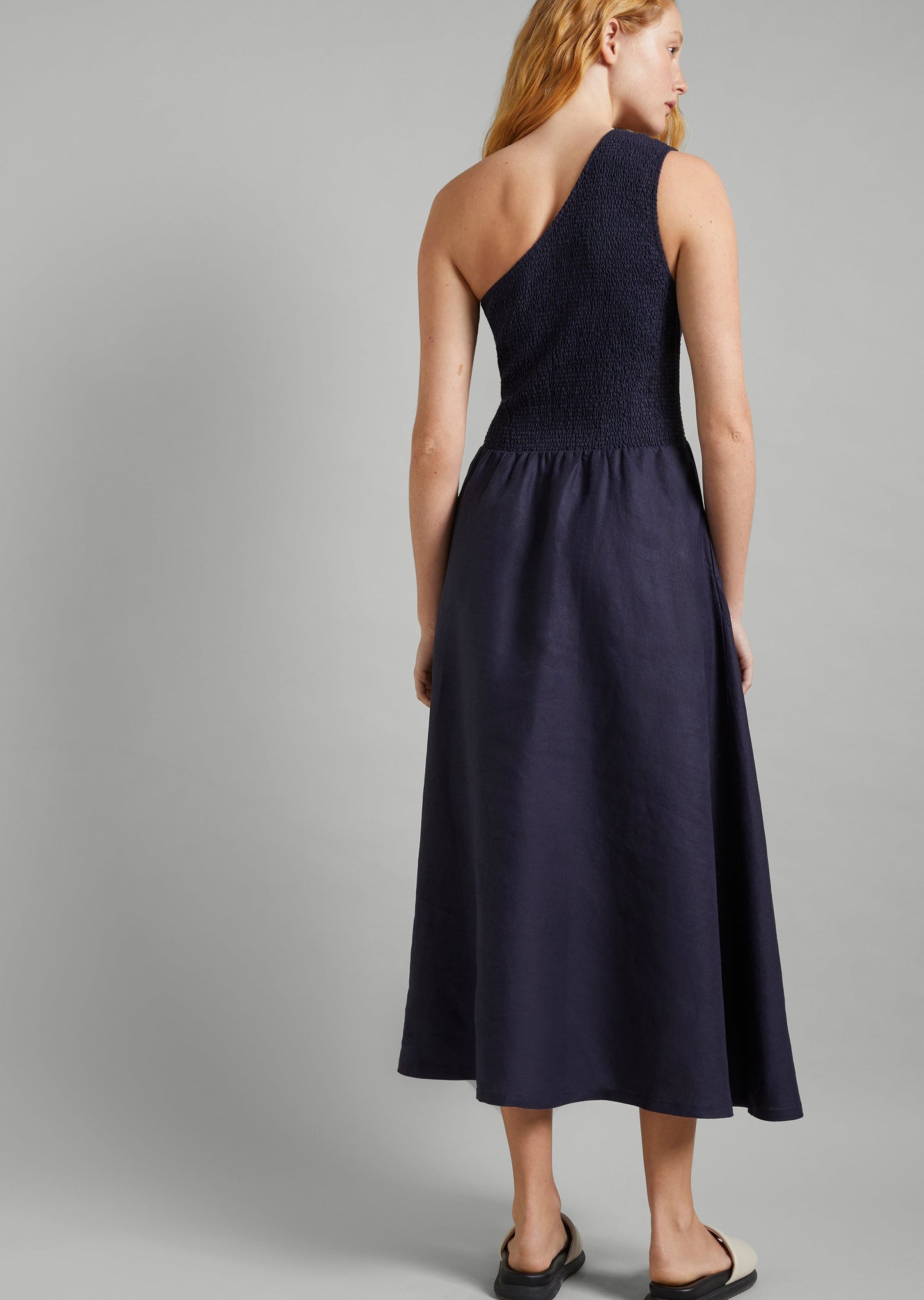 Linen Shirred One Shoulder Dress