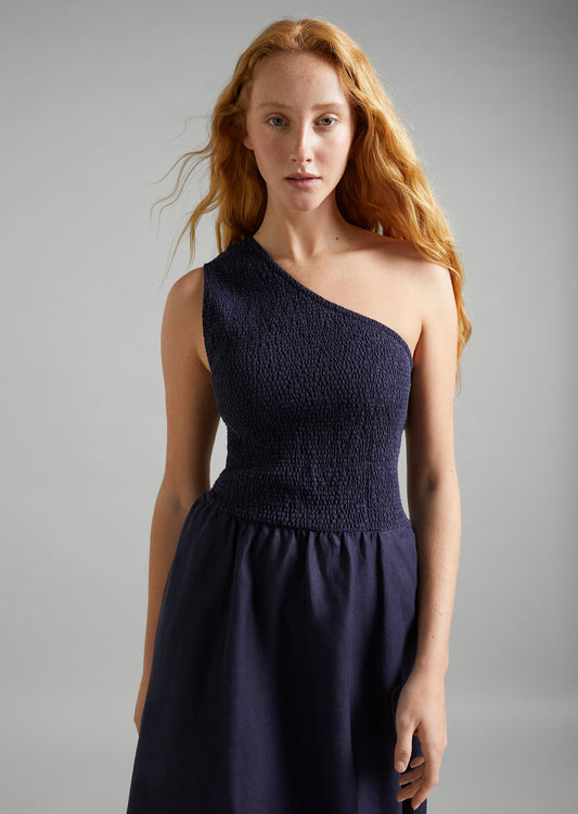 Linen Shirred One Shoulder Dress