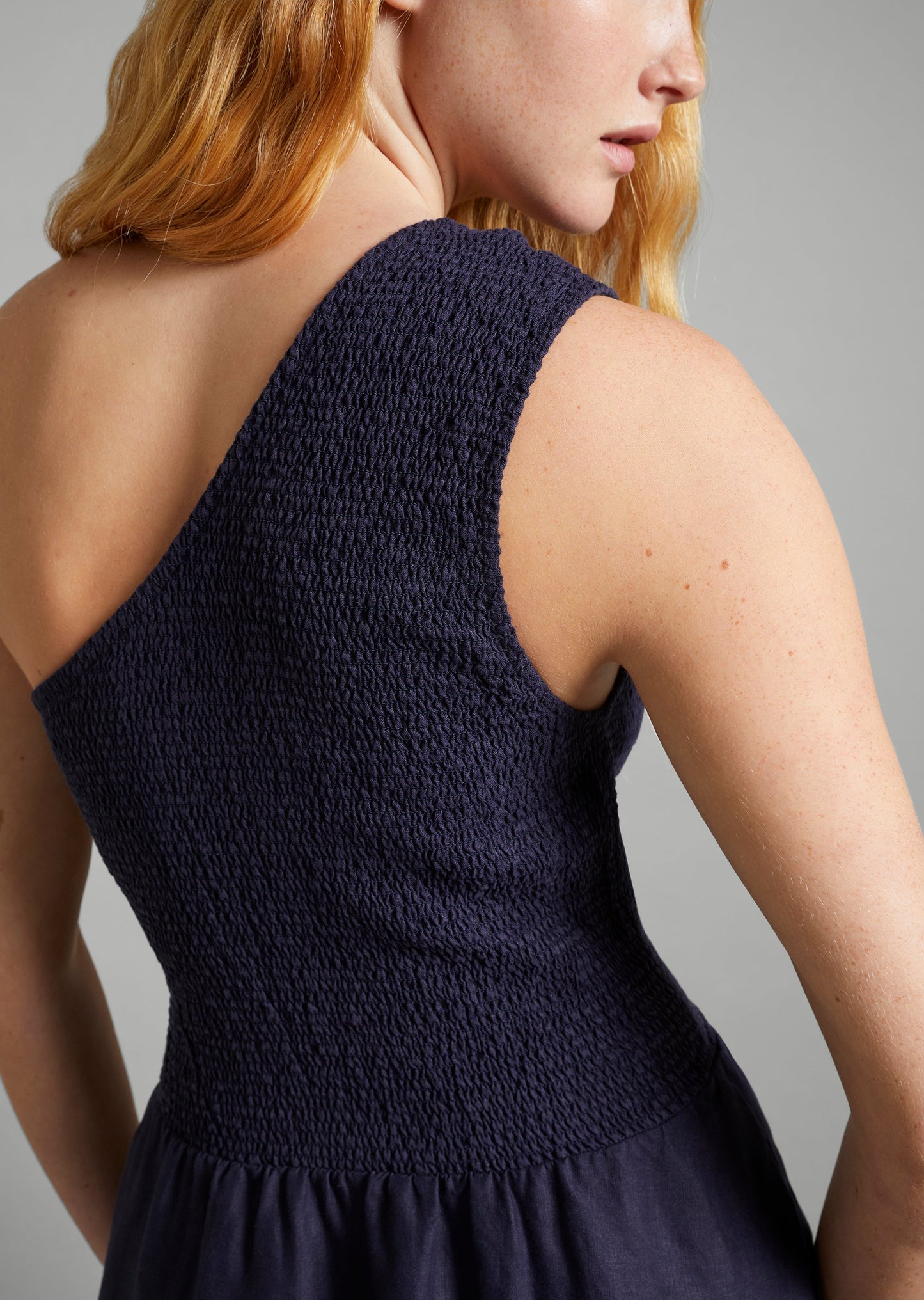 Linen Shirred One Shoulder Dress
