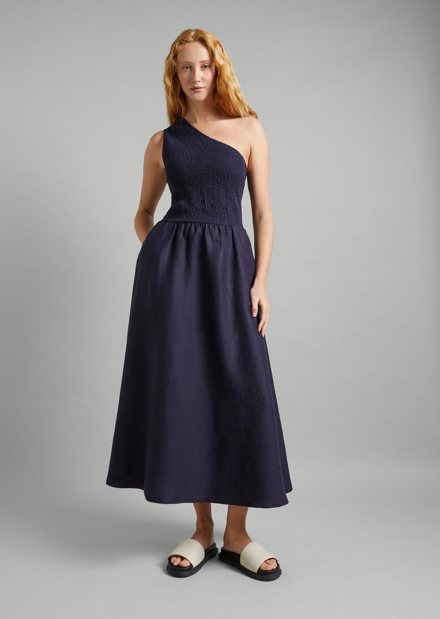 Linen Shirred One Shoulder Dress
