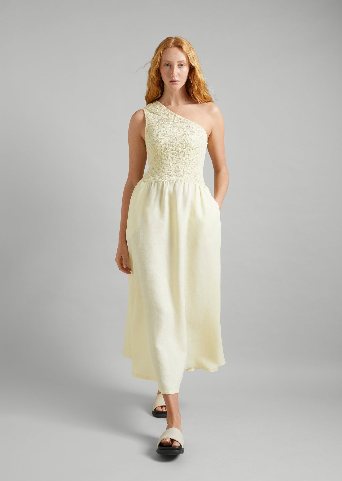 Linen Shirred One Shoulder Dress