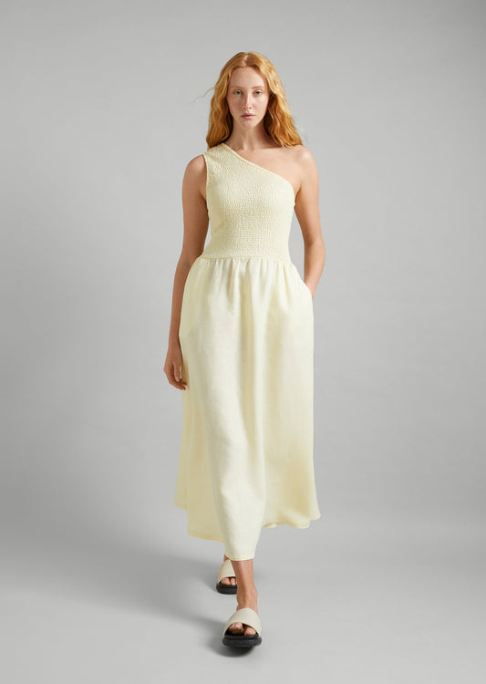Linen Shirred One Shoulder Dress