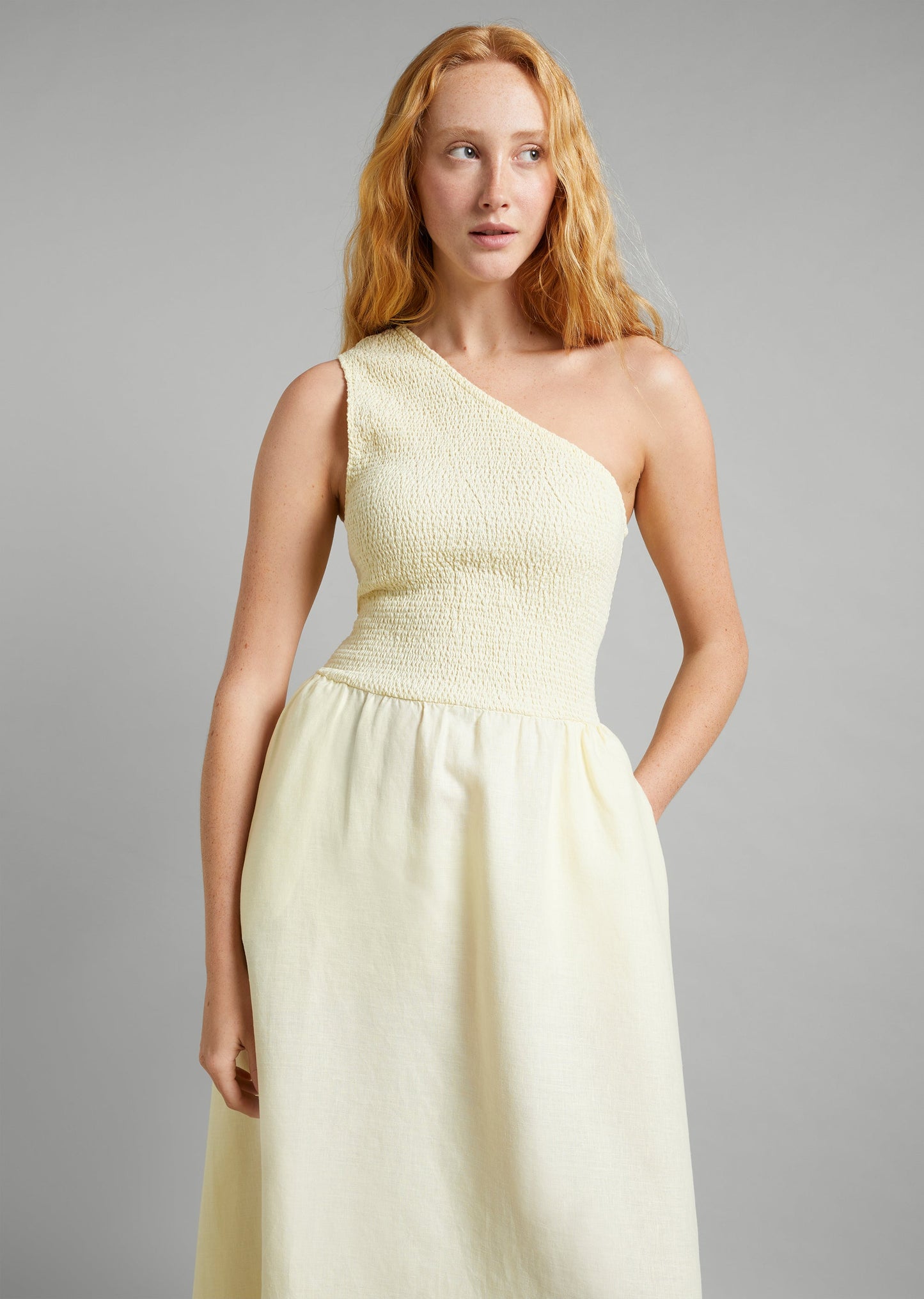 Linen Shirred One Shoulder Dress