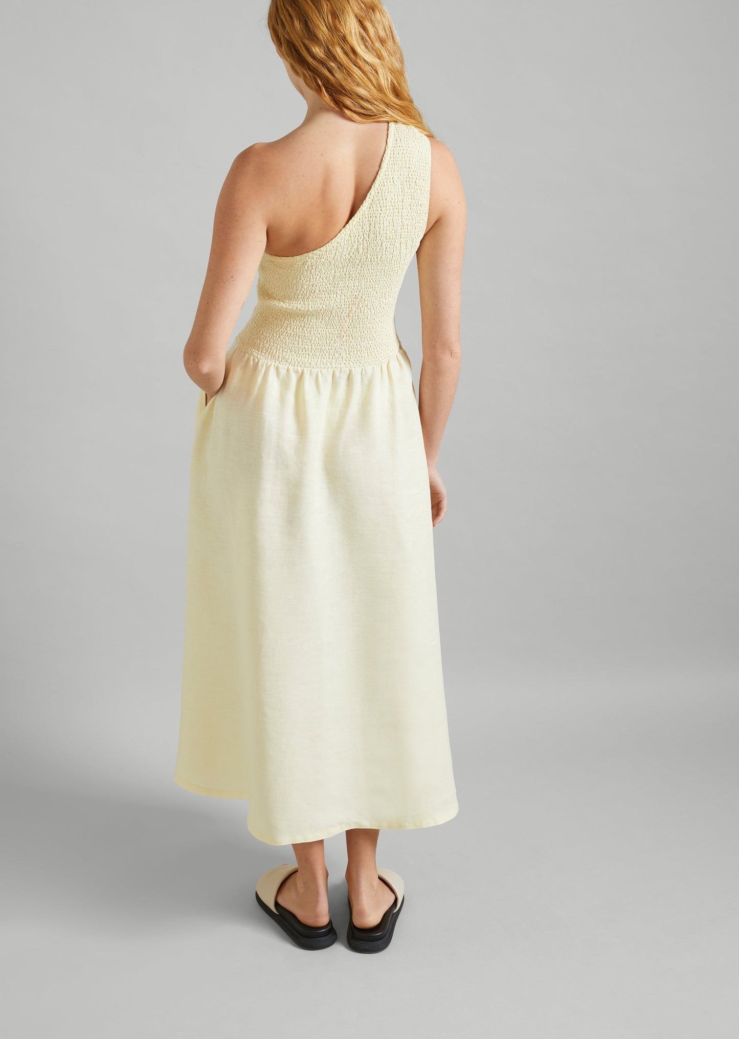 Linen Shirred One Shoulder Dress
