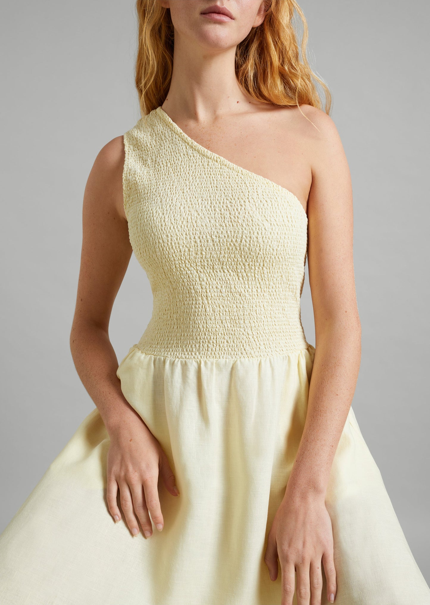 Linen Shirred One Shoulder Dress