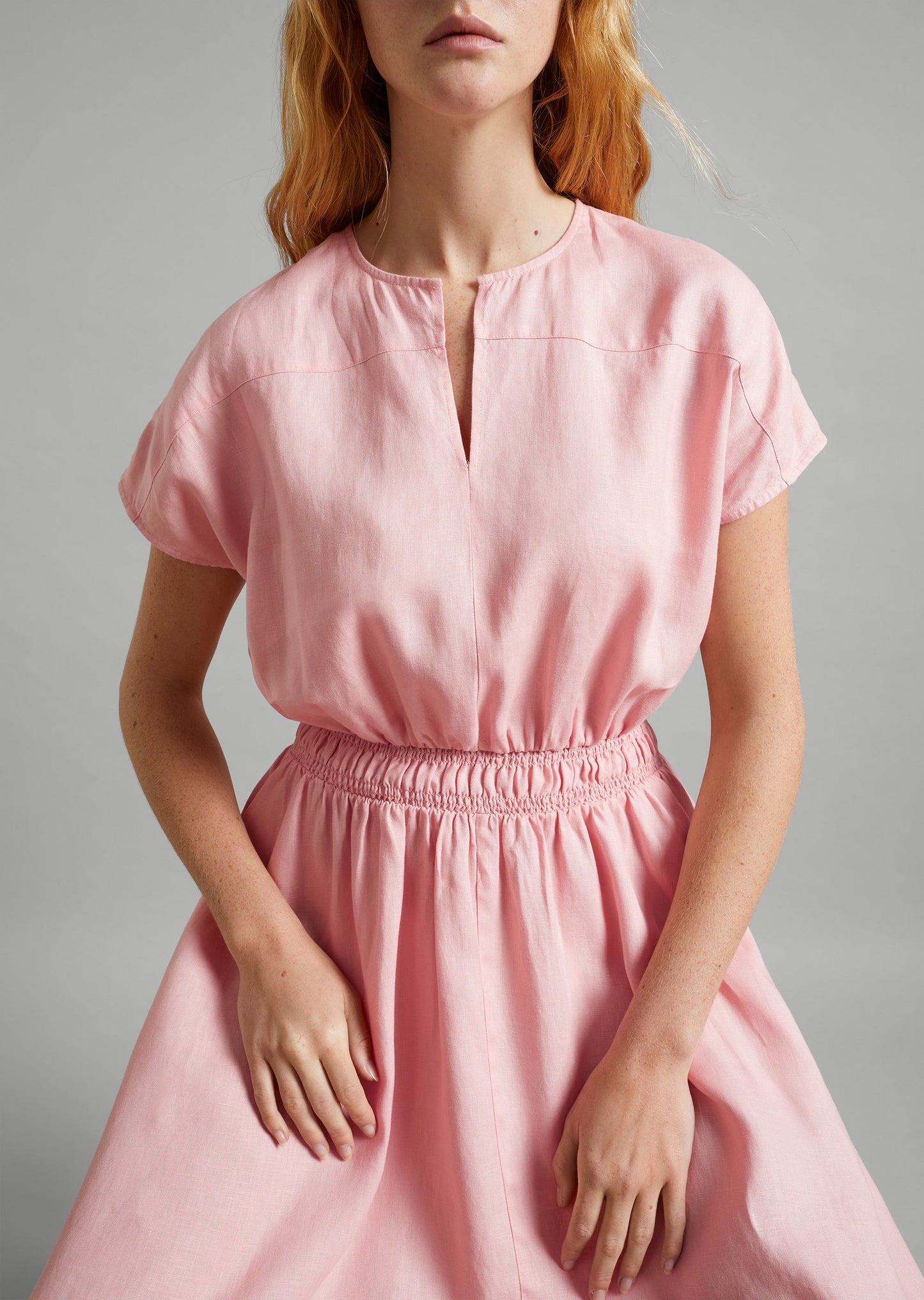 Linen Keyhole Shirred Dress