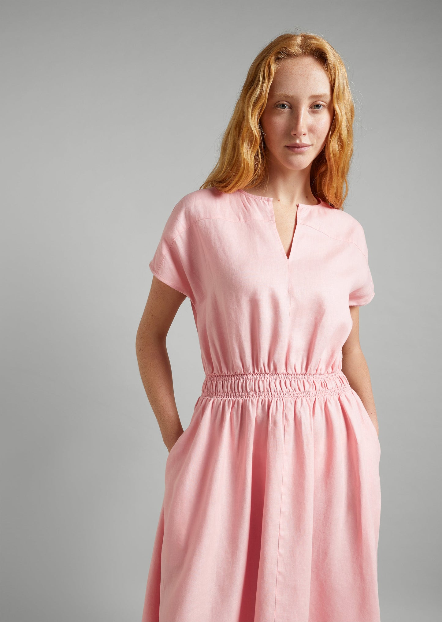 Linen Keyhole Shirred Dress