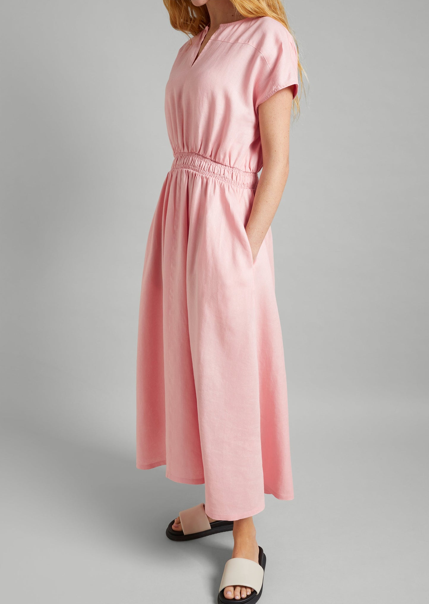 Linen Keyhole Shirred Dress
