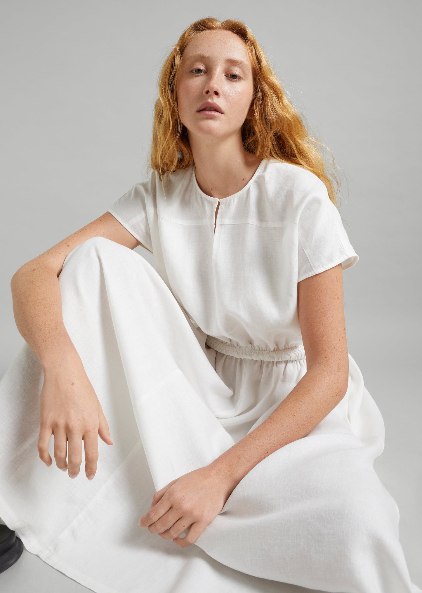 Linen Keyhole Shirred Dress